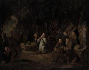 Hermit Monks In A Grotto by Egbert Van Heemskerck