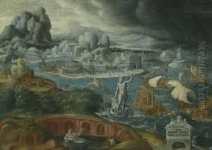 Classical Landscape With Ships Running Before A Storm Towards A Classical Harbour, Probably Corinth