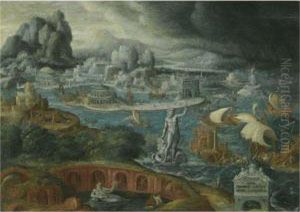 Classical Landscape With Ships Running Before A Storm Towards Aclassical Harbour, Probably Corinth