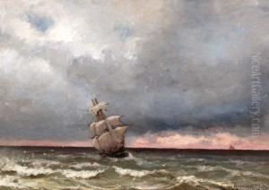 Tweemaster Op Zee Na Zonsondergang by Jacob Eduard Van Heemskerck Van Beest