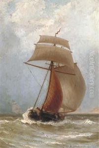 A Kofschip In Full Sail by Jacob Eduard Van Heemskerck Van Beest