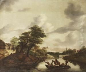 A River Landscape With Figures And A Horse On A Ferry by Gerrit van Hees