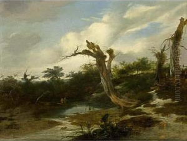A Wooded Landscape With Anglers Near A Stream And Tree Trunks In The Foreground - view 1
