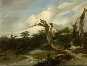 A Wooded Landscape With Anglers Near A Stream And Tree Trunks In The Foreground by Gerrit van Hees