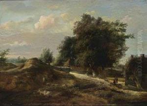 A Dune Landscape With A Shepherd And His Sheep On A Path And Travellers With A Dog Resting Near A Farm