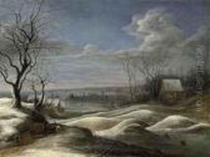 A Winter Landscape With Travellers On A Path And Figures Skating On A Frozen Lake Beyond by Daniel van Heil