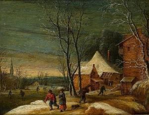 A Winter Landscape With Peasants Carrying Firewood Before A Village, With Figures Skating On A Frozen River Beyond A Winter Landscape With Peasants Carrying Firewood Before A Village, With Figures Skating On A Frozen River Beyond