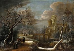 A Winter Landscape With Travellers In The Foreground, A Castle Beside A River Beyond A Winter Landscape With Travellers In The Foreground, A Castle Beside A River Beyond