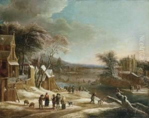 A Winter Landscape With Villagers Conversing On A Path