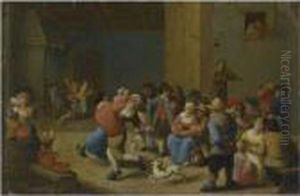 A Tavern Interior With Drinking And Dancing Peasants by Matheus van Helmont