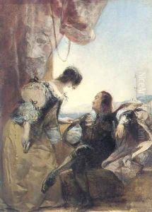 A cavalier and his lady on a terrace, Genoa, Italy by Richard Parkes Bonington