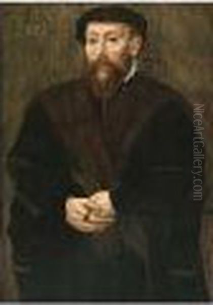 A Portrait Of A Bearded Man, Aged 46, Standing Three-quarter Length, Wearing A Fur-trimmed Black Coat And Holding Gloves - view 1