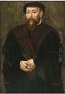 A Portrait Of A Bearded Man, Aged 46, Standing Three-quarter Length, Wearing A Fur-trimmed Black Coat And Holding Gloves