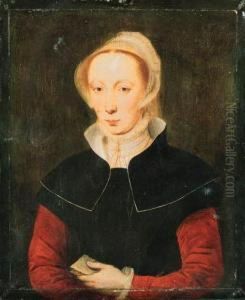 Portrait Of A Lady, Half-length, In A Black Dress With Red Sleeves,a Book In Her Left Hand by Katherine Van Hemessen