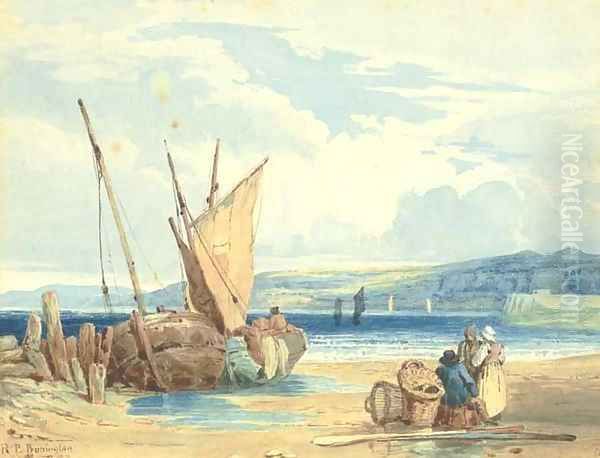 A coastal landscape at low tide with fisherfolk and beached vessels - view 1