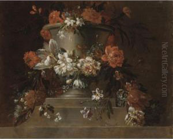 A Garland Of Flowers Wrapped Around A Stone Urn - view 1