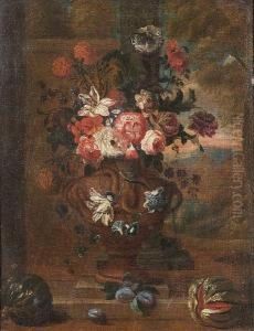 Tulips, Chrysanthemums, Morning Glory And Other Flowers In A Bronze Urn With Plums And Melons, A View To A Landscape Beyond