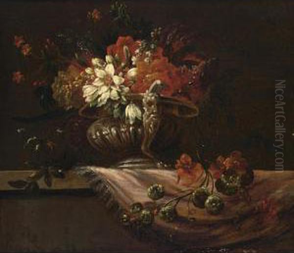 A Still Life With Poppy Anemones, Lilies And Other Flowers In A Sculpted Vase On A Ledge Covered With A Table Cloth - view 1