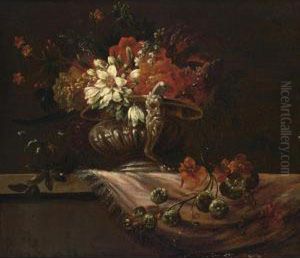 A Still Life With Poppy Anemones, Lilies And Other Flowers In A Sculpted Vase On A Ledge Covered With A Table Cloth by Jacobus Melchior van Herck