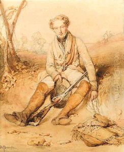 A Sportsman with his rifle, seated on a bank by Richard Parkes Bonington