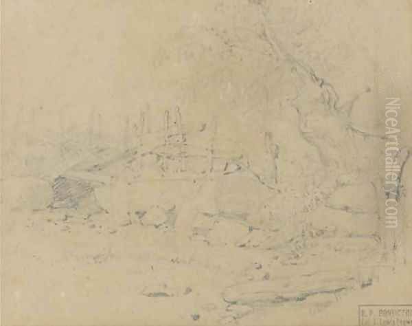 A river landscape with a bridge - view 1