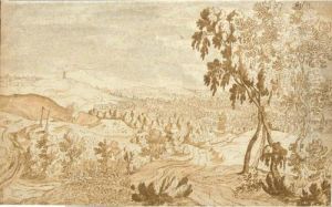 A Wooded Valley With A Windmill In The Distance by Paulus Van Hillegaert
