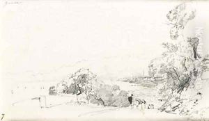 Figures on a path on the Ligurian coast, Genoa in the distance by Richard Parkes Bonington