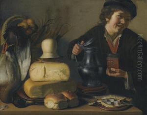 A Still Life Of A Duck, Cheeses, Vegetables And A Herring With A Youth Holding A Pewter Tankard And A Glass Of Beer - view 1