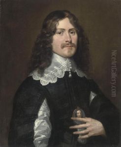 Portrait Of A Gentleman, Half-length, In A Black Slashed Doublet And White Lace Collar, A Miniature In His Left Hand by Gerrit Van Honthorst