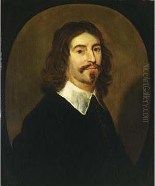 A Portrait Of A Gentleman, Bust Length, Wearing A Black Suit With White Collar, In A Painted Oval - view 1