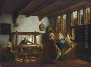 A Weaver's Workshop With A Weaver And His Maid, Together With Two Women And A Child Conversing On The Right