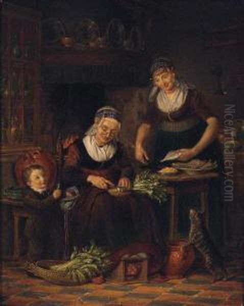 Women Preparing A Meal In A Parlour By A Young Boy And A Cat - view 1
