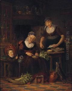 Women Preparing A Meal In A Parlour By A Young Boy And A Cat