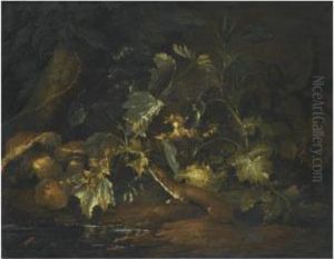 A Forest Floor With A Stoat Scurrying Through Leaves by Niccolino Van Houbraken