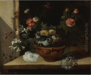 Still Life With Various Flowers And A Ceramic Vase Balanced In A Clay Pot Resting On A Stone Ledge (possibly One Of A Series Of Months) by Niccolino Van Houbraken
