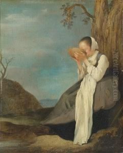 A Seated Woman Drinking From A Bowl In A Landscape A Seated Woman Drinking From A Bowl In A Landscape