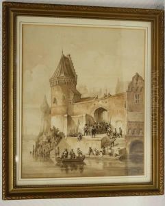 Figuren Bij Oud Hollandse Stadspoort Aan Het Water by Bartholomeus J. Van Hove