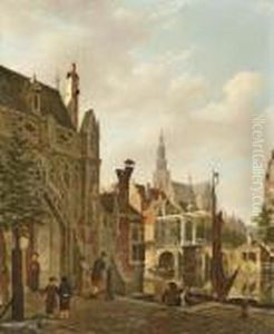 A 'capriccio' View Of A Dutch Town With Children Playing Hoop by Bartholomeus J. Van Hove