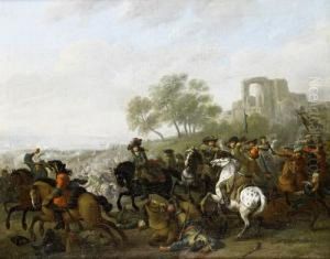 A Cavalry Skirmish In An Open Landscape, Aruined Village On The Horizon by or Huchtenburgh, Jan van Huchtenberg