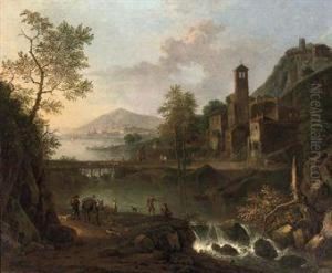 An Italianate River Landscape With A Muleteer And Anglers, A Hilltop Town Beyond by Jan Van Huijsum