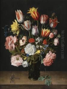 A Still Life Of Tulips, Roses, Bluebells, Daffodils, A Peony Andother Flowers In A Glass Roemer On A Wooden Ledge With Adragonfly by Jacob van Hulsdonck
