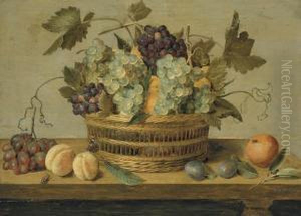 Nectarines And Grapes In A Basket On A Table - view 1