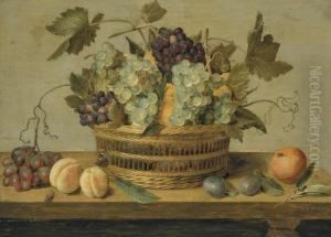 Nectarines And Grapes In A Basket On A Table by Jacob van Hulsdonck