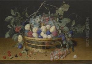 Still Life With Plums, Grapes And Peaches In A Wicker Basket,with Cherries, Hazelnuts, A Beetle And A Butterfly On The Woodentabletop Beneath by Jacob van Hulsdonck