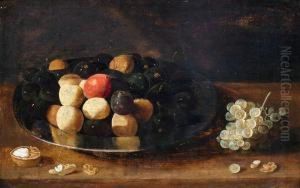 Pflaumen Und Andere Fruchte Auf Einem Silberteller by Jacob van Hulsdonck