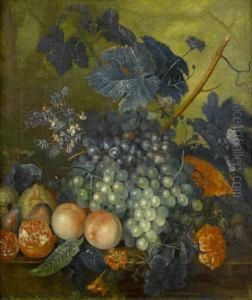 Peaches, Grapes, Pomegranates, A Melon, And Other Fruit With Flowers On A Stone Ledge by Jacob van Huysum