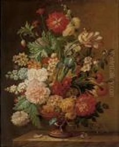 Tulips, Narcissi, An Iris, Convolvulus And Other Flowers In A Sculpted Urn