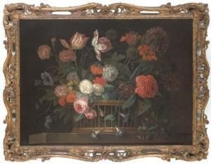 Roses, Chrysanthemums, Morning Glory, Lilies, Carnations And Other Flowers In A Basket On A Stone Ledge by Jacob van Huysum