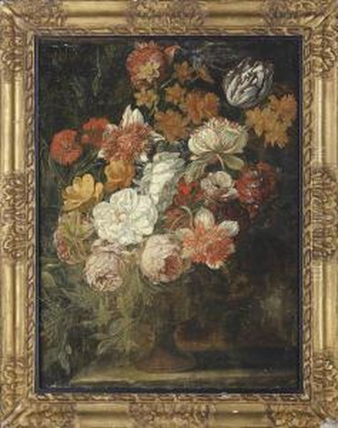 A Parrot Tulip, Roses, Carnations And Other Flowers In A Vase On A Ledge - view 1