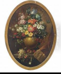 Narcissi, Carnations, Chrysanthemum And Other Flowers In An Urn On A Partially Draped Stone Ledge by Jan Van Huysum